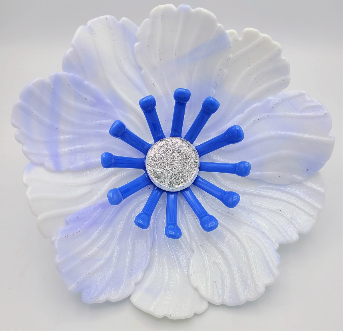 Garden Flower-White & Purple Streaky with Periwinkle Stamens and Dichroic Center by Kathy Kollenburn 