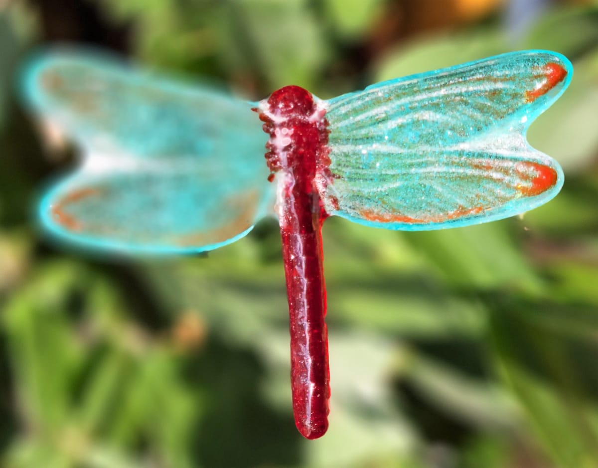 Plant Pick, Dragonfly, Small-Aqua/Red by Kathy Kollenburn 