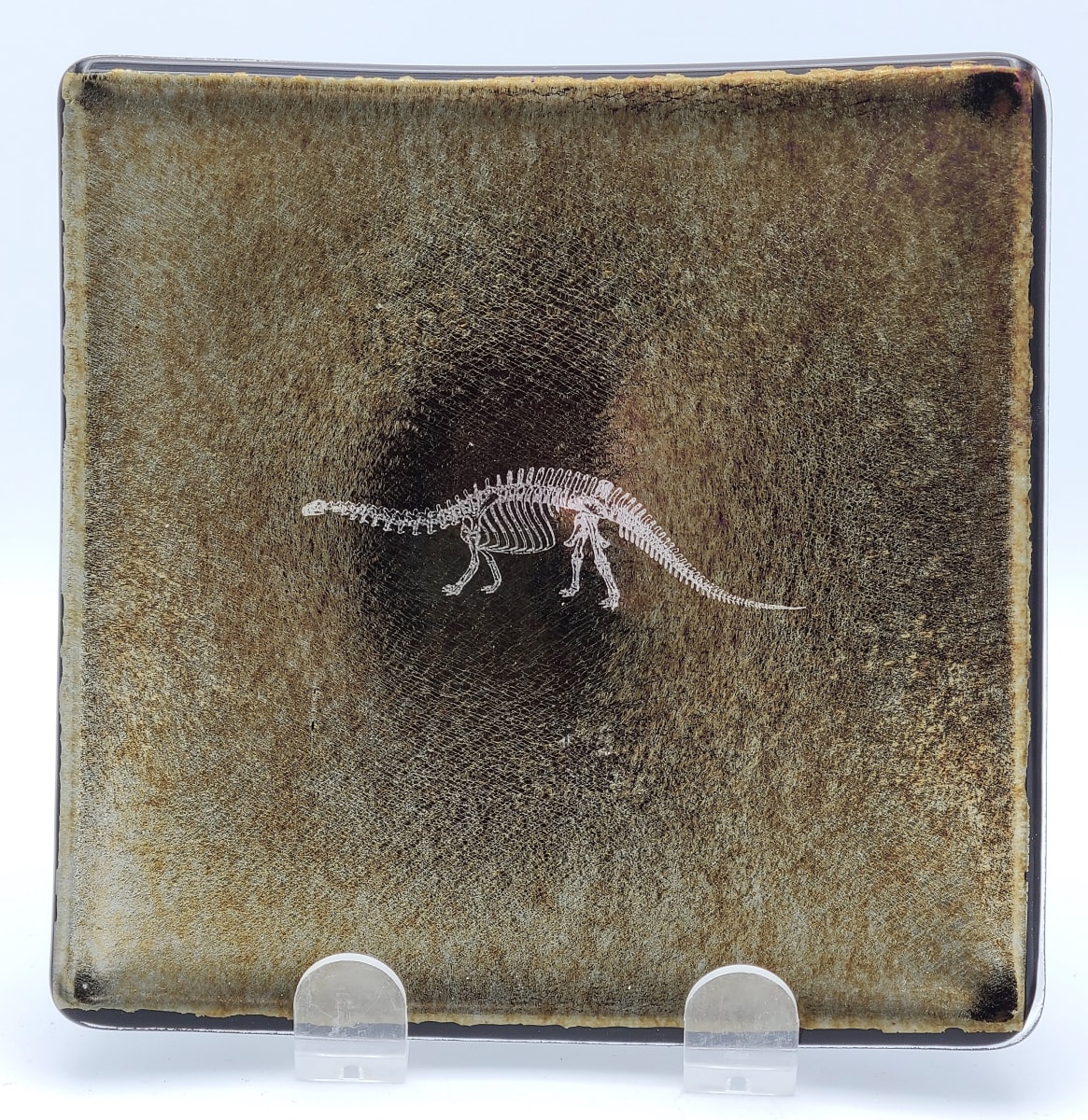 Small Plate with Brontosaurus on Black Irid by Kathy Kollenburn 