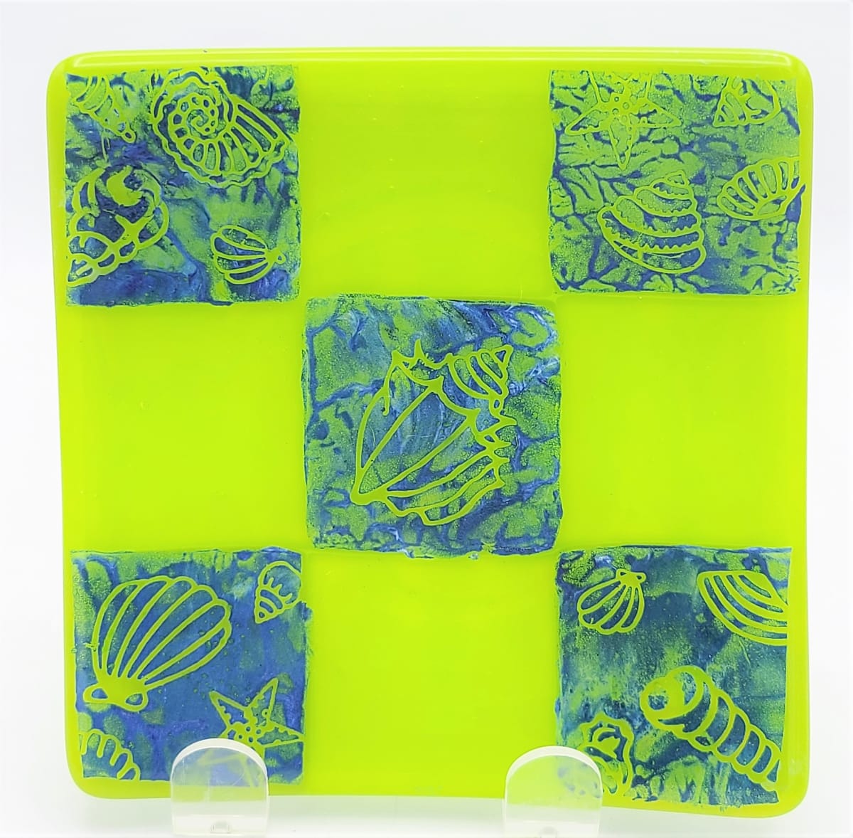 Plate-Patchwork Pattern with Seashells in Spring Green & Blues by Kathy Kollenburn 