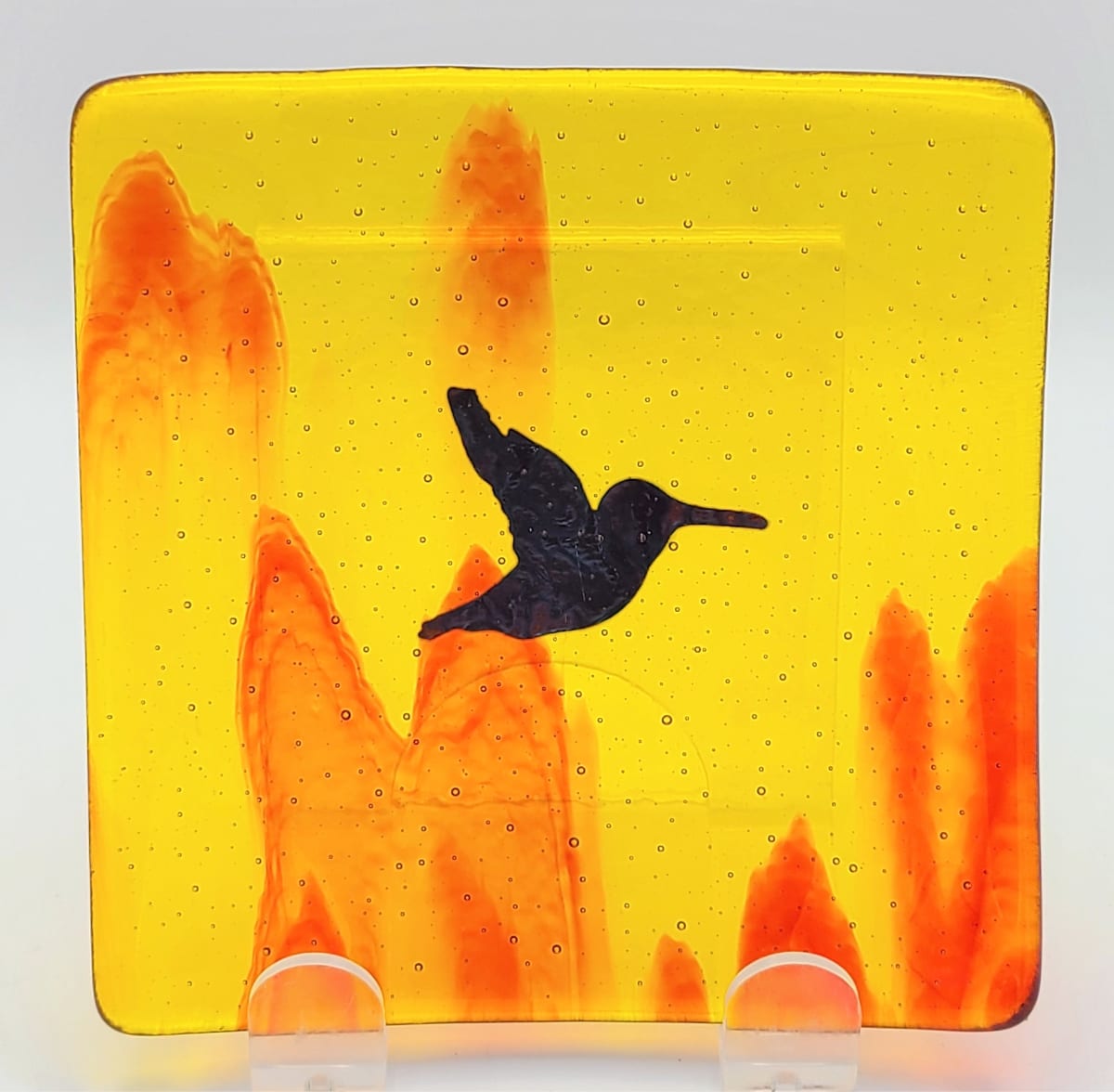 Plate with Copper Hummingbird in Orange & Red Streaky by Kathy Kollenburn 