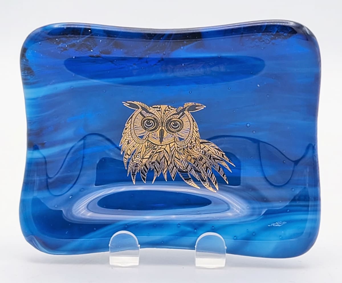 Trinket Dish-Blue Streaky with Zentangle Owl by Kathy Kollenburn 