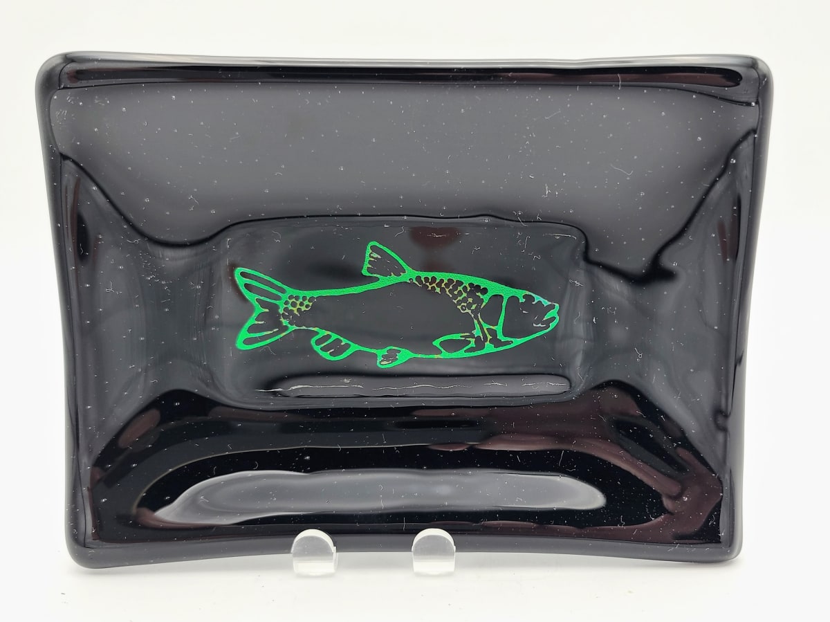 Soap Dish/Spoon Rest-Black with Dichroic Green Trout by Kathy Kollenburn 
