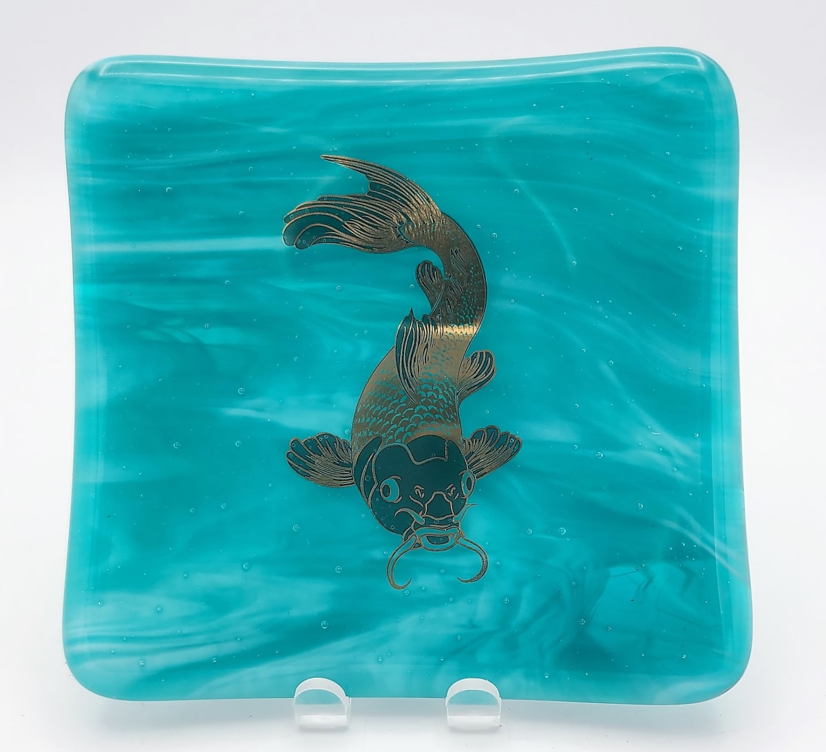 Small Plate-Peacock Streaky with Gold Koi by Kathy Kollenburn 