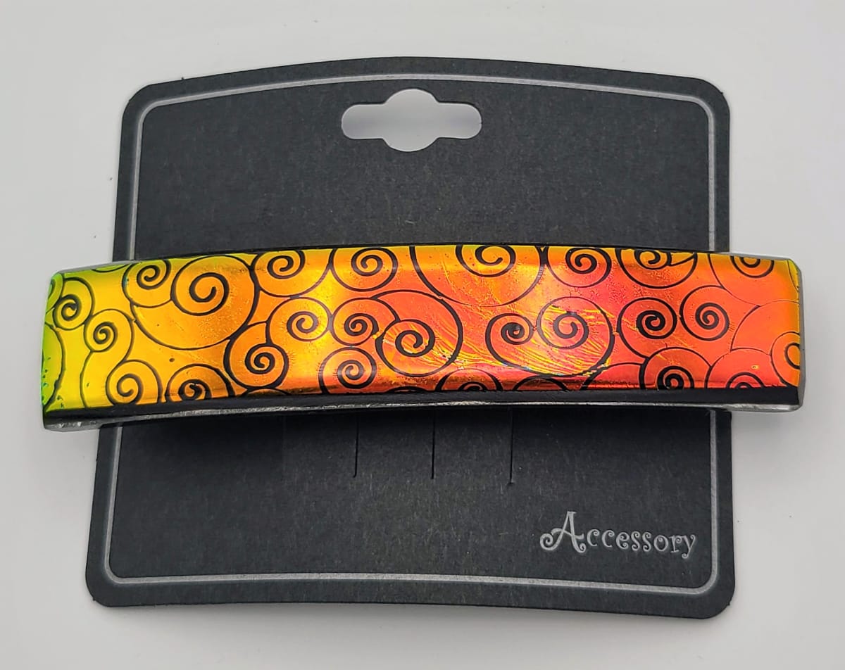 Barret3.9te-Etched Swirls on Gold/Orange/Re Dichroic by Kathy Kollenburn 