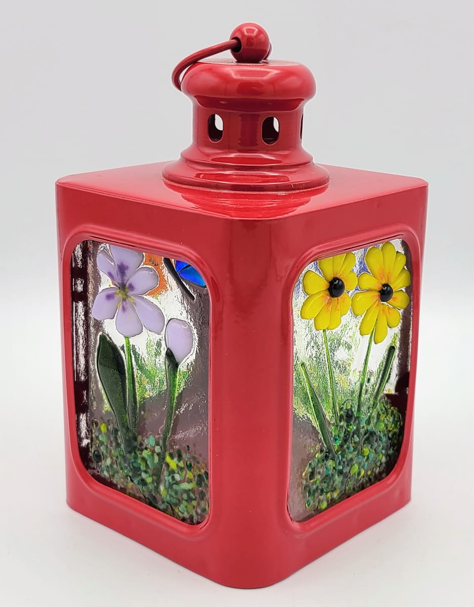 Lantern-Small, Red with Botanical Panels by Kathy Kollenburn 
