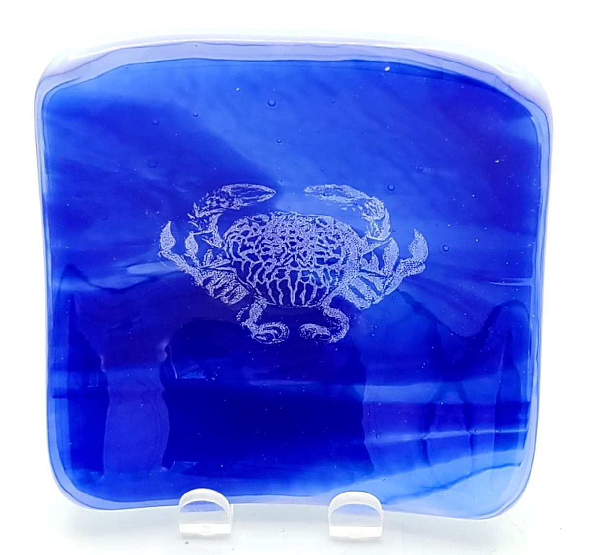 Trinket Dish with White Crab on Blue Streaky by Kathy Kollenburn 