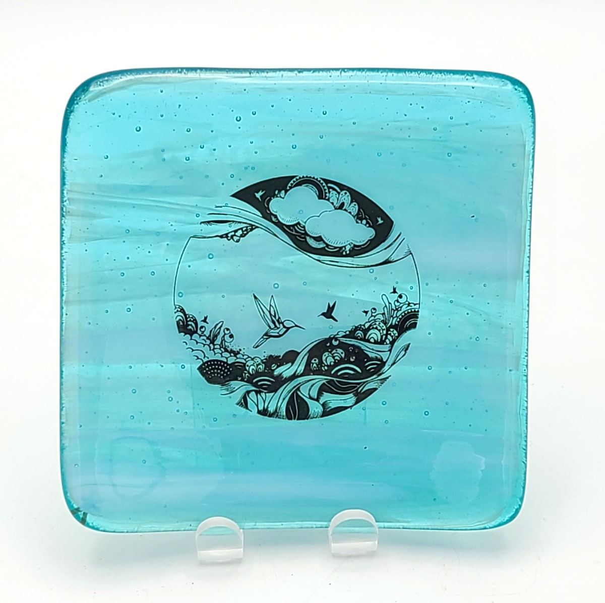 Small Dish-Hummingbird Circle on Turquoise/White Streaky by Kathy Kollenburn 