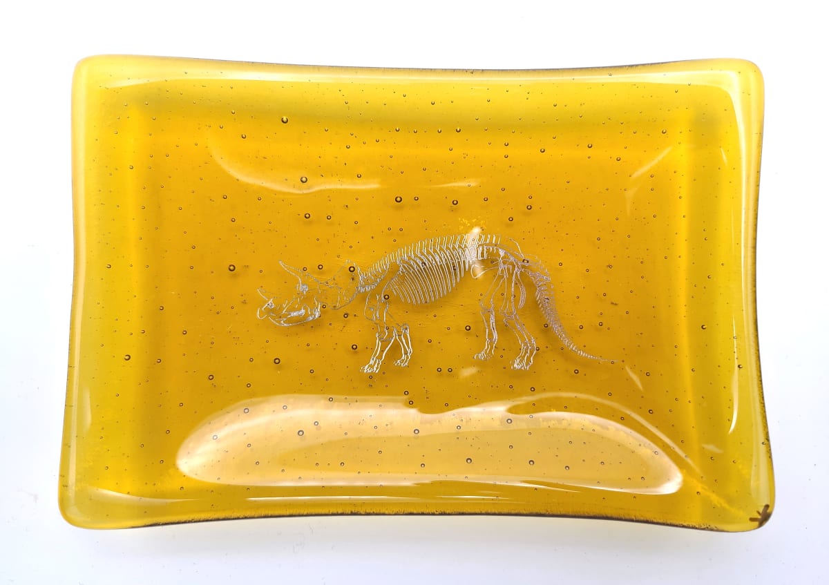 Soap Dish/Spoon Rest-Silver Triceratops Skeleton on Amber by Kathy Kollenburn 