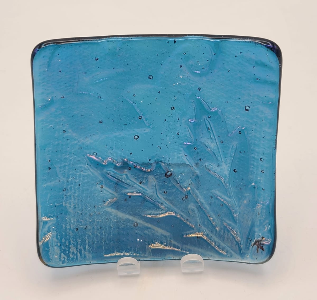 Small Plate-Steel Blue Irid with Leaf Impression by Kathy Kollenburn 