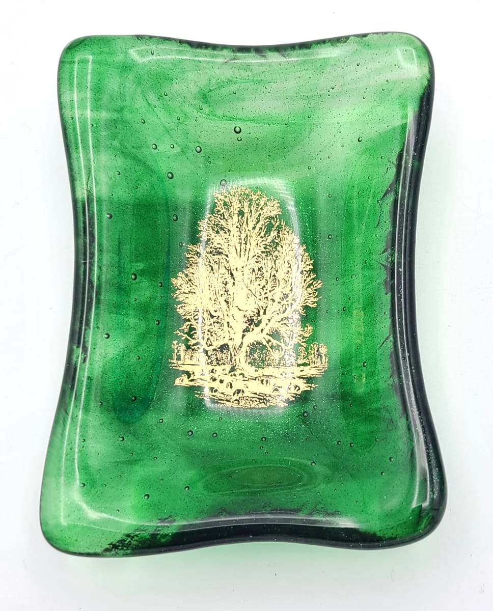 Trinket Dish-Gold Tree on Green Streaky by Kathy Kollenburn 