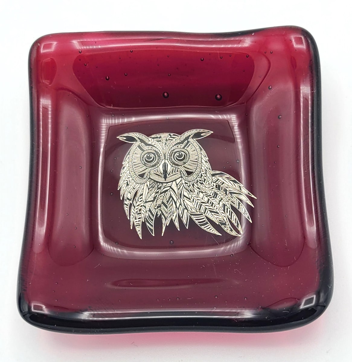 Trinket Dish-Cranberry with Silver Owl by Kathy Kollenburn 