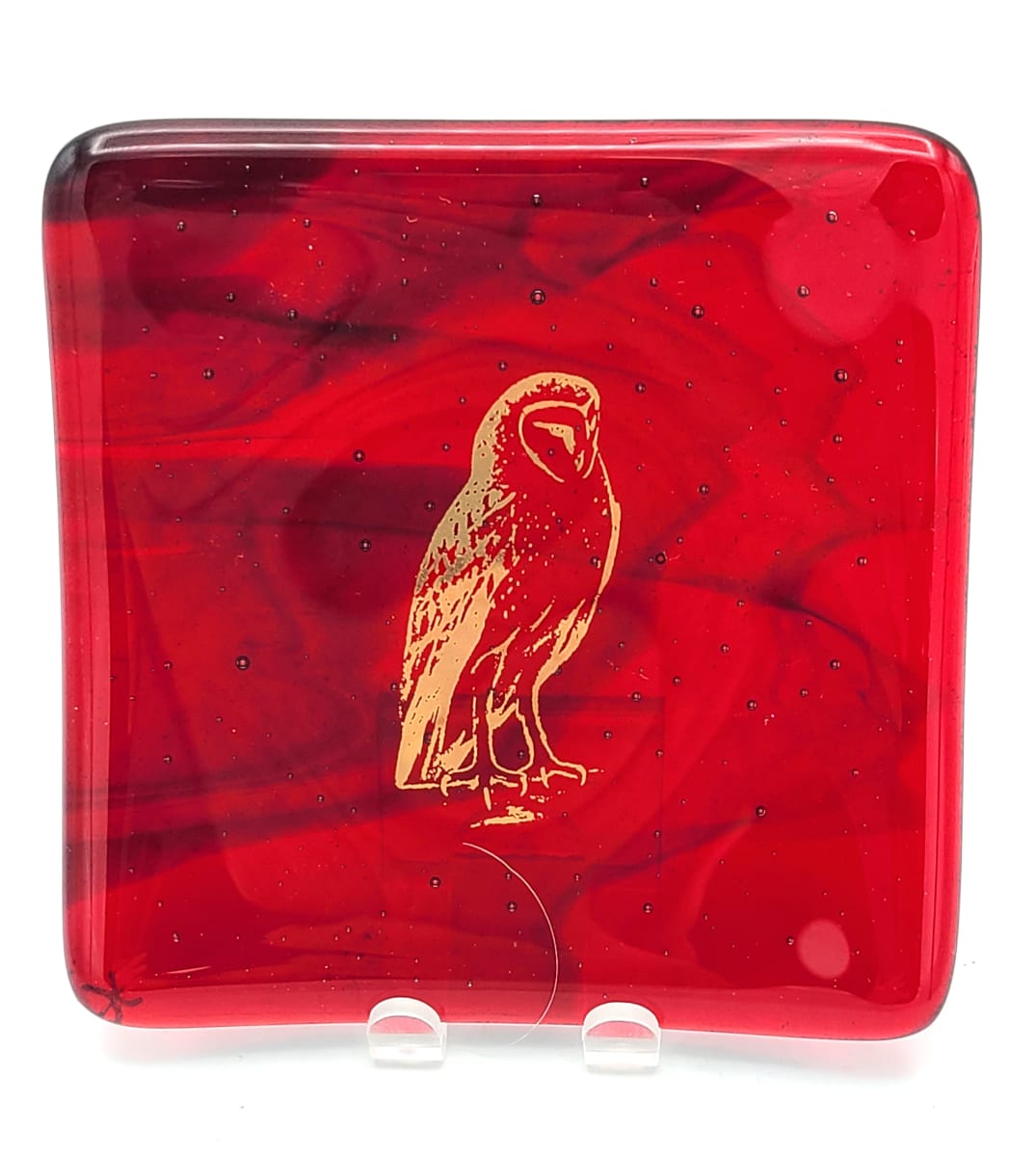 Small Plate-Red Streaky with Gold Owl by Kathy Kollenburn 