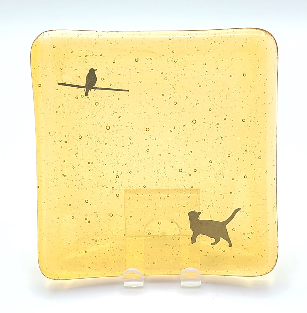 Small Plate with Cat Looking for a Treat on Amber by Kathy Kollenburn 
