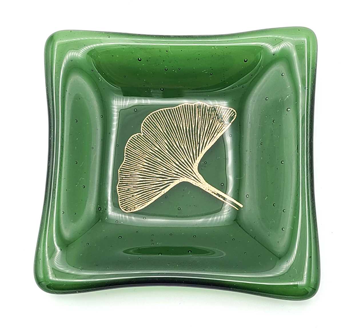 Small Dish-Green with Gold Gingko Leaf by Kathy Kollenburn, Image 3.
