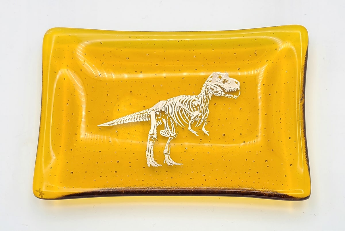 Soap Dish/Spoon Rest-Amber with Silver T-Rex Skeleton by Kathy Kollenburn 