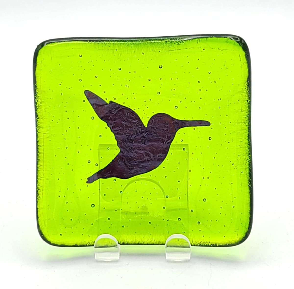 Trinket Dish-Spring Green with Copper Hummingbird by Kathy Kollenburn 
