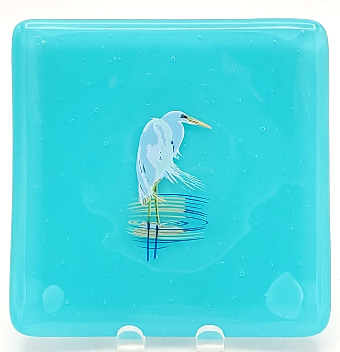 Small Plate-Cyan with White Heron by Kathy Kollenburn 