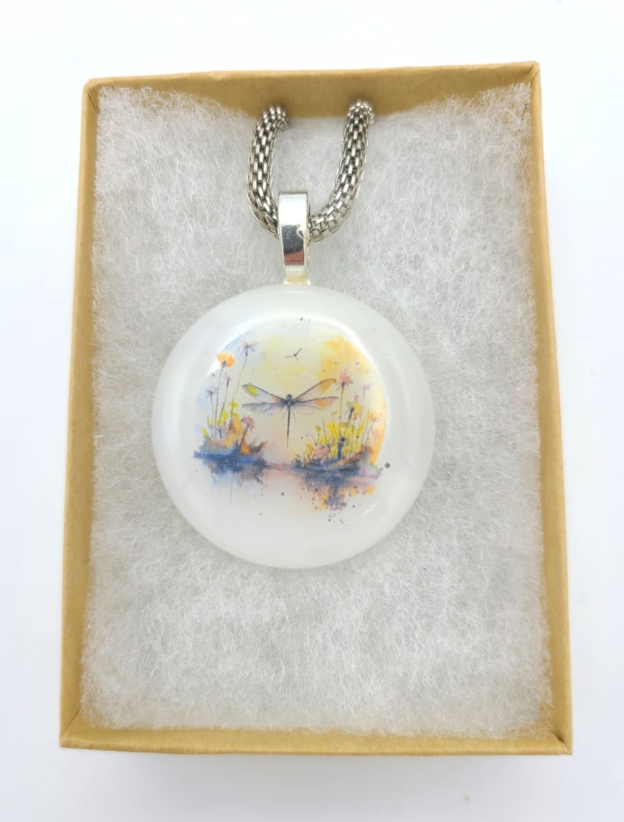 Necklace-Dragonfly with Pond on White by Kathy Kollenburn 