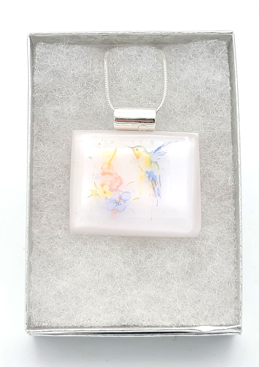 Necklace-Hummingbird with Flower on White by Kathy Kollenburn 