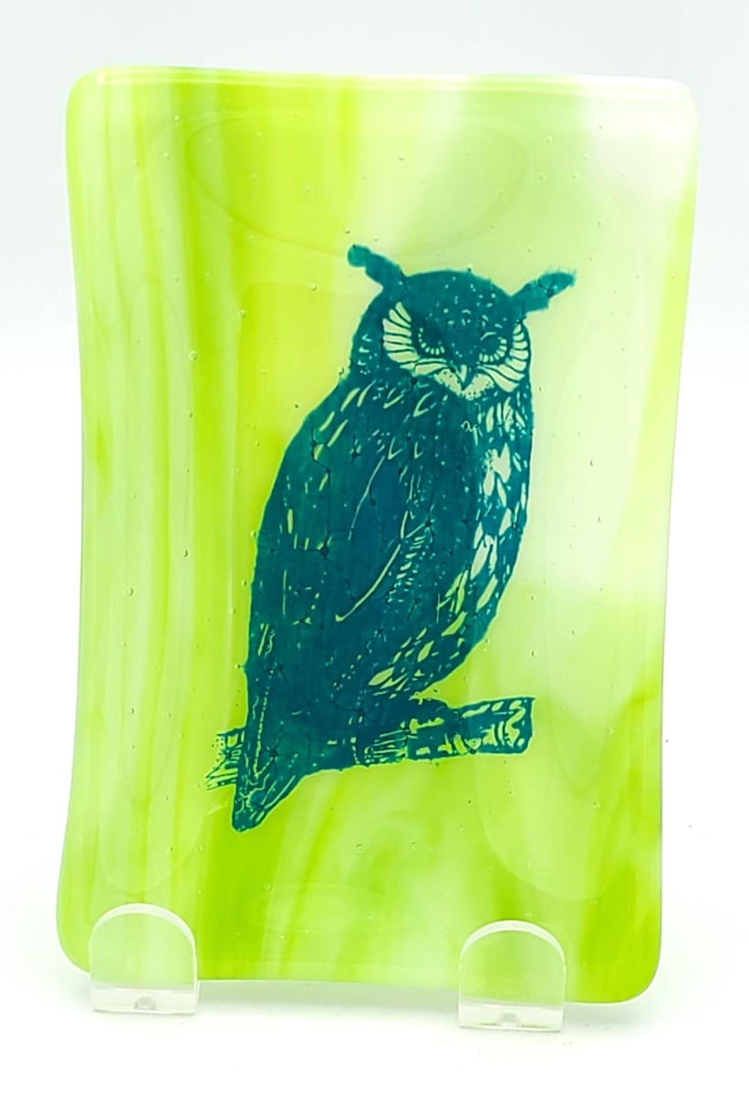 Soap Dish/Spoon Rest-Teal Owl on Green/White Streaky by Kathy Kollenburn 