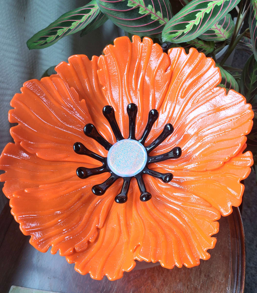 Garden Flower-Orange with Black Stamens and Dichroic Center by Kathy Kollenburn 