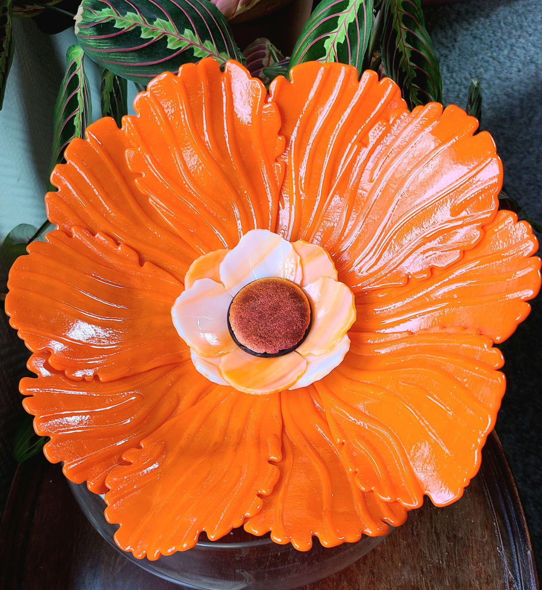 Garden Flower-Orange with Orange/White Streaky Bowl and Dichroic Center by Kathy Kollenburn 