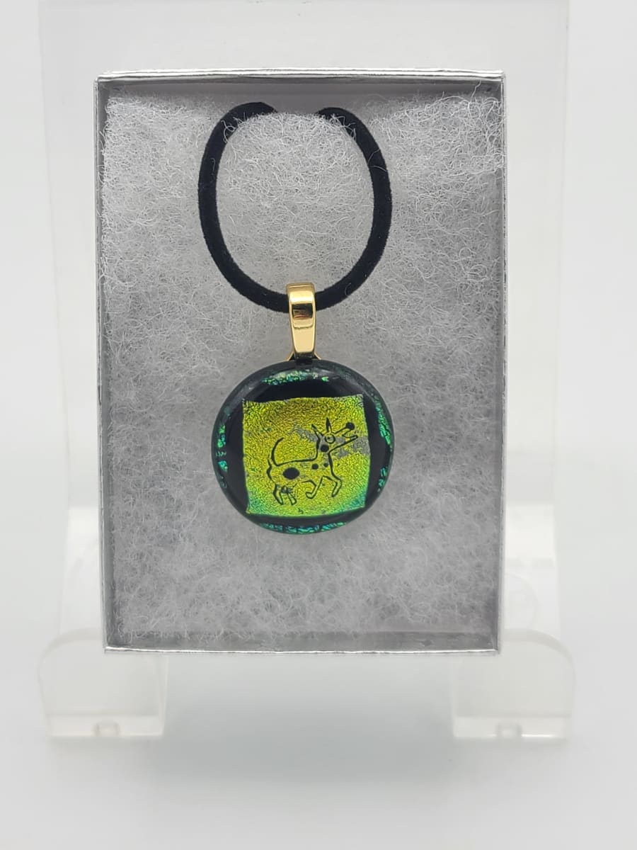 Necklace-Etched Dog on Green Dichroic Circle by Kathy Kollenburn 