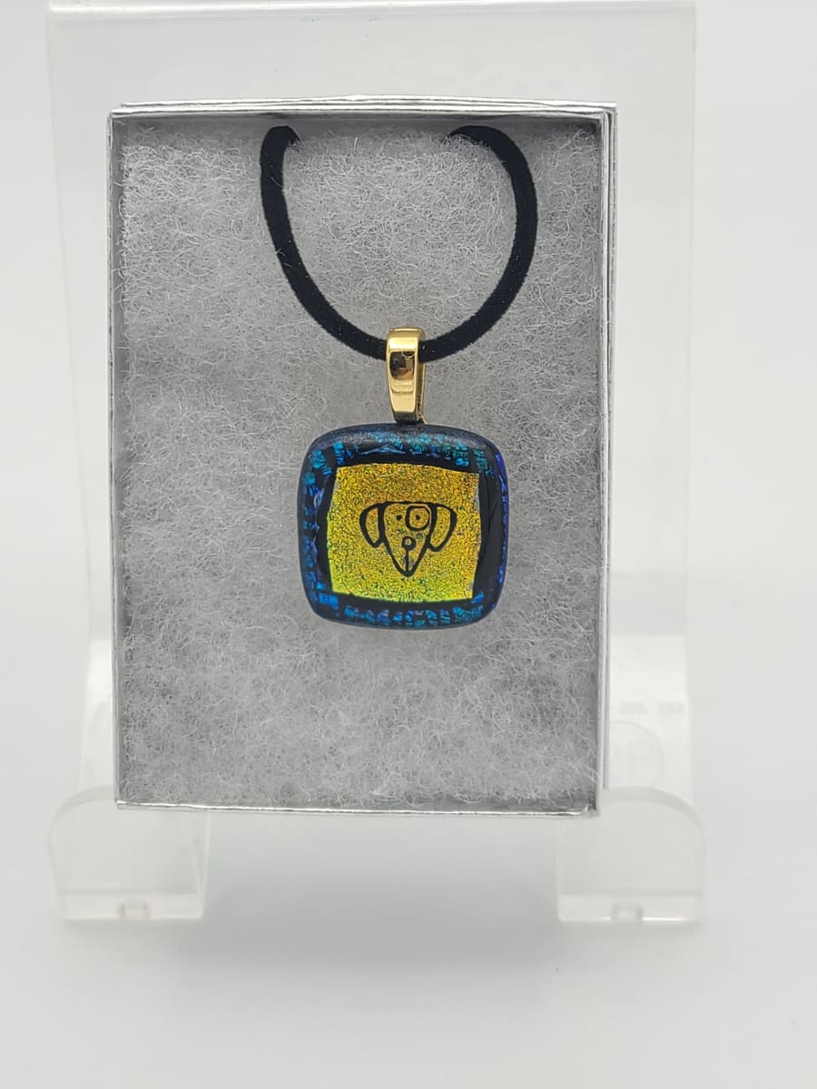 Necklace-Gold Etched Dog Head on Blue Patterned Dichroic by Kathy Kollenburn 