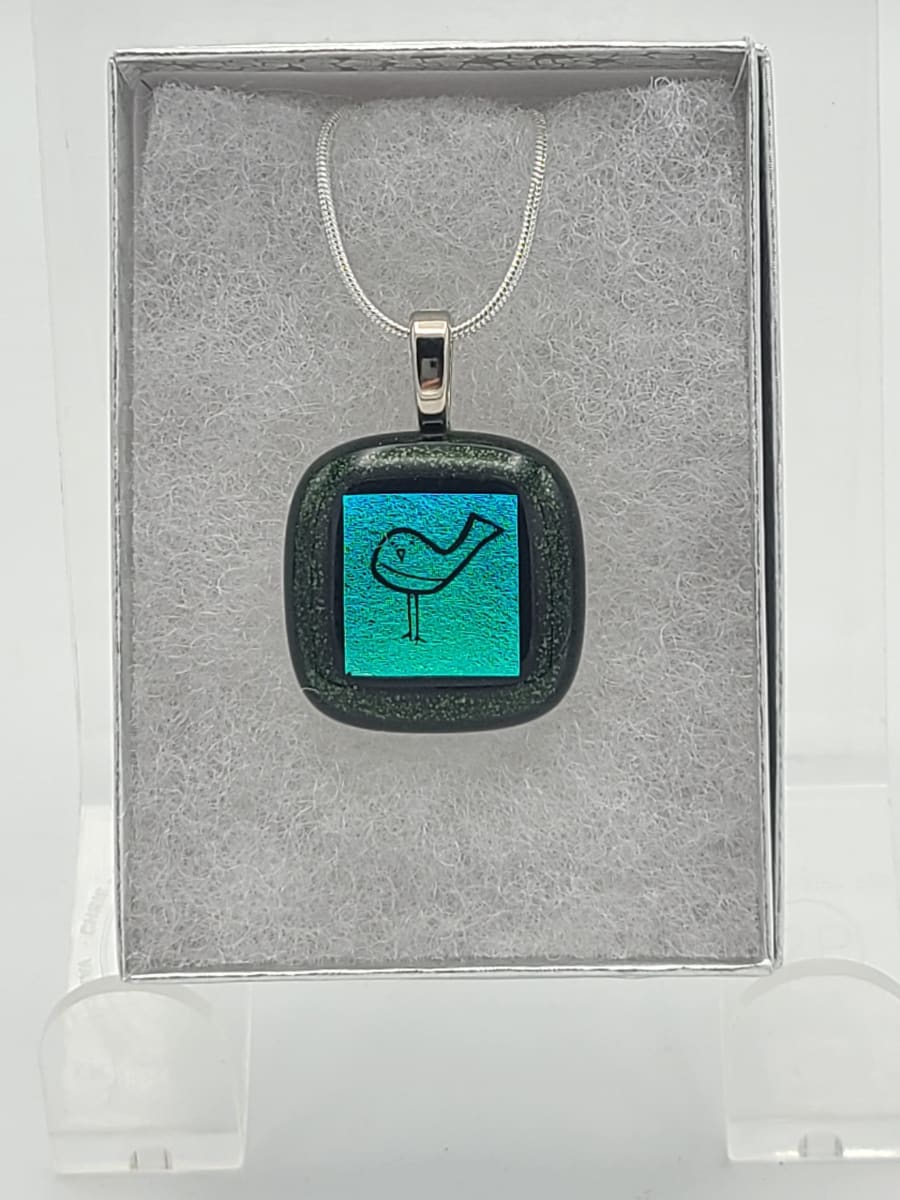 Necklace-Small Bird on Dichroic on Adventurine by Kathy Kollenburn 