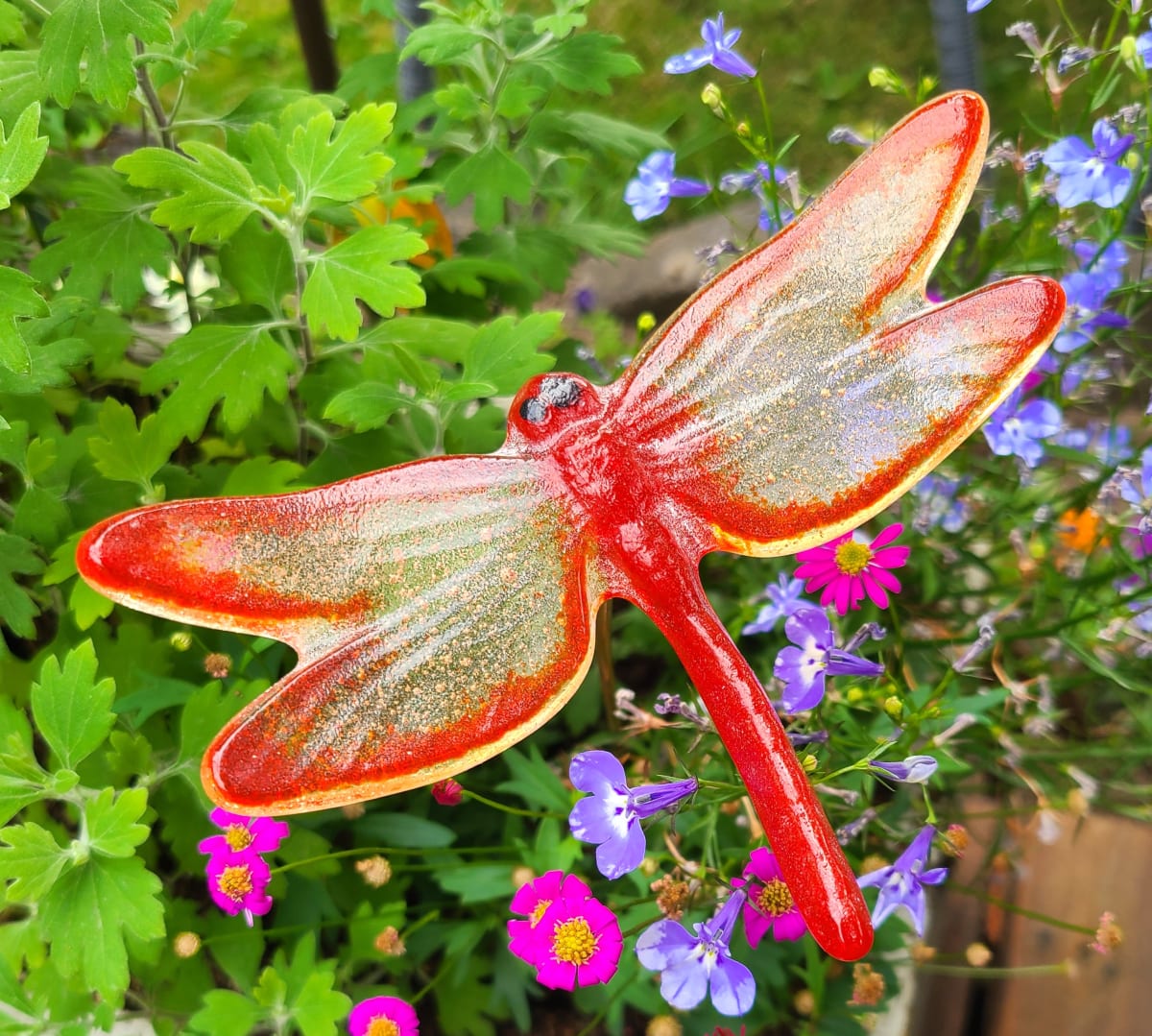 Plant Pick-Dragonfly, Large in Red and Yellow by Kathy Kollenburn 