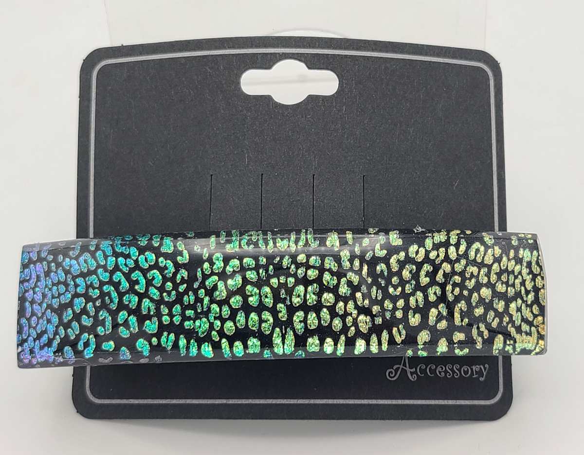 Barrette-Leopard Pattern on Green to Gold Dichroic by Kathy Kollenburn 