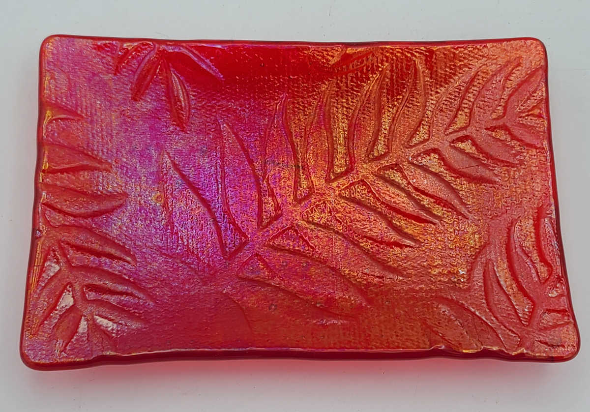 Soap Dish/Spoon Rest-Red Irid with Fern Leaf Impression by Kathy Kollenburn 