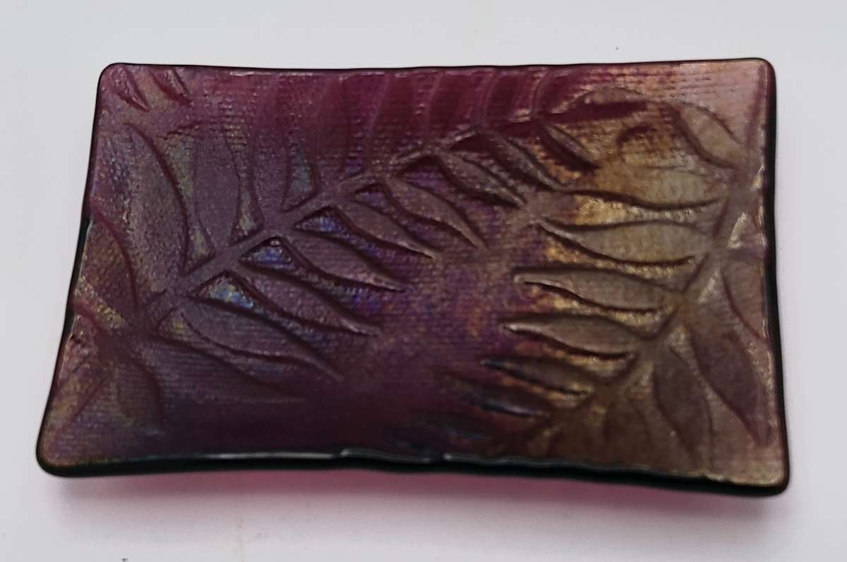 Soap Dish/Spoon Rest-Fuschia Irid with Fern Leaf Impression by Kathy Kollenburn 