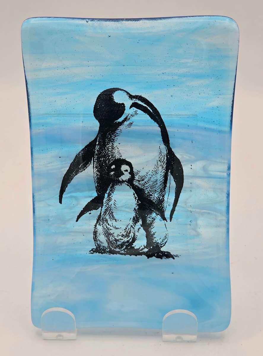 Soap Dish/Spoon Rest-Penguin Mother and Baby on Blue Streaky by Kathy Kollenburn 