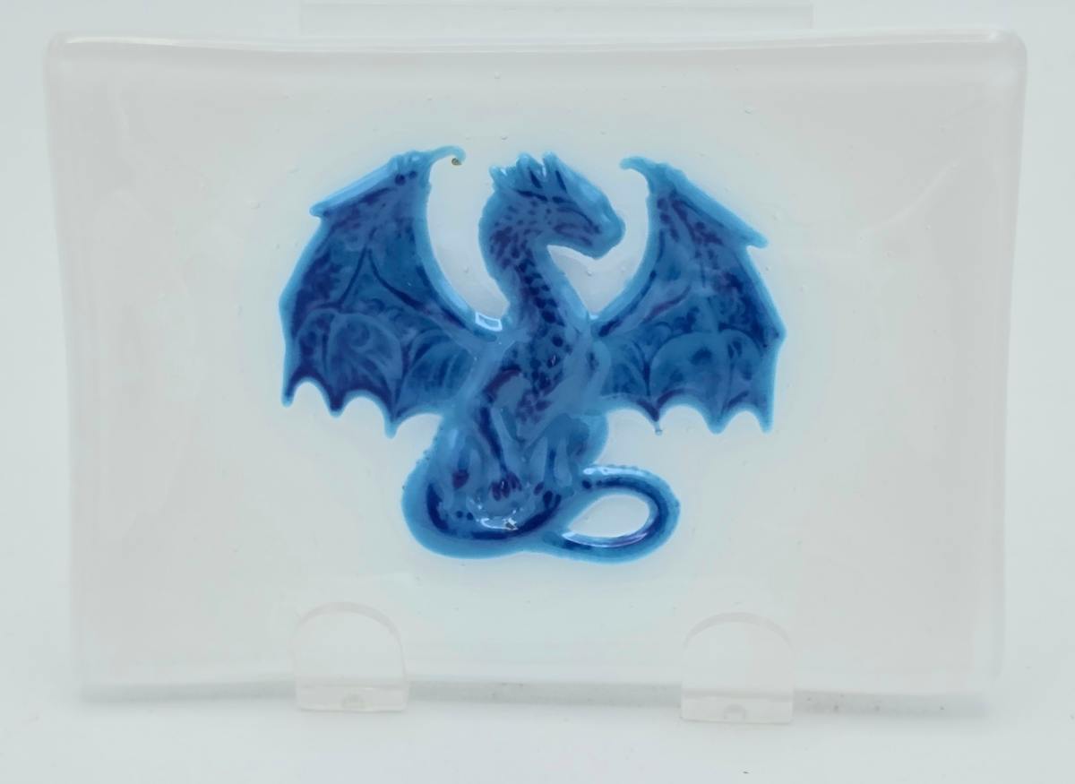 Soap Dish/Spoon Rest, White with Dragons in Blues by Kathy Kollenburn 