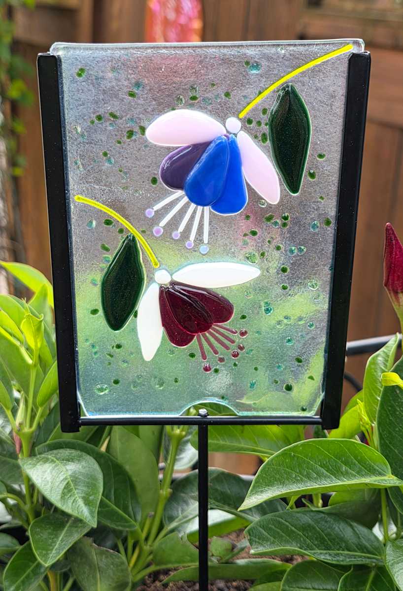 Garden Stake-Fuchsias on Irid by Kathy Kollenburn 