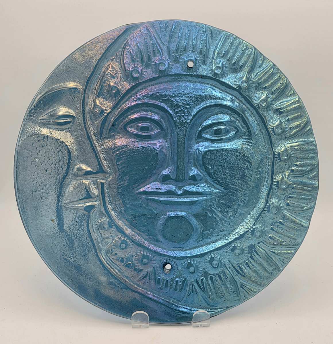 Sun/Moon Yard Art for Fence in Aquamarine Irid by Kathy Kollenburn 