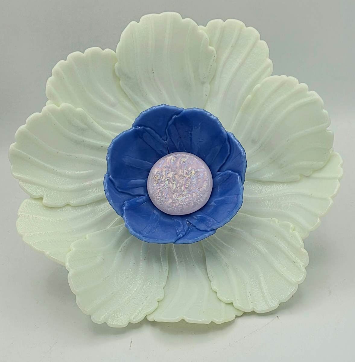 Garden Flower, Cream with Purple Bowl and Pink Iridized Center by Kathy Kollenburn 