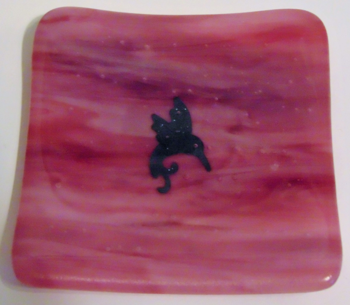 Small plate-Cranberry Streaky with Copper Hummingbird by Kathy Kollenburn 