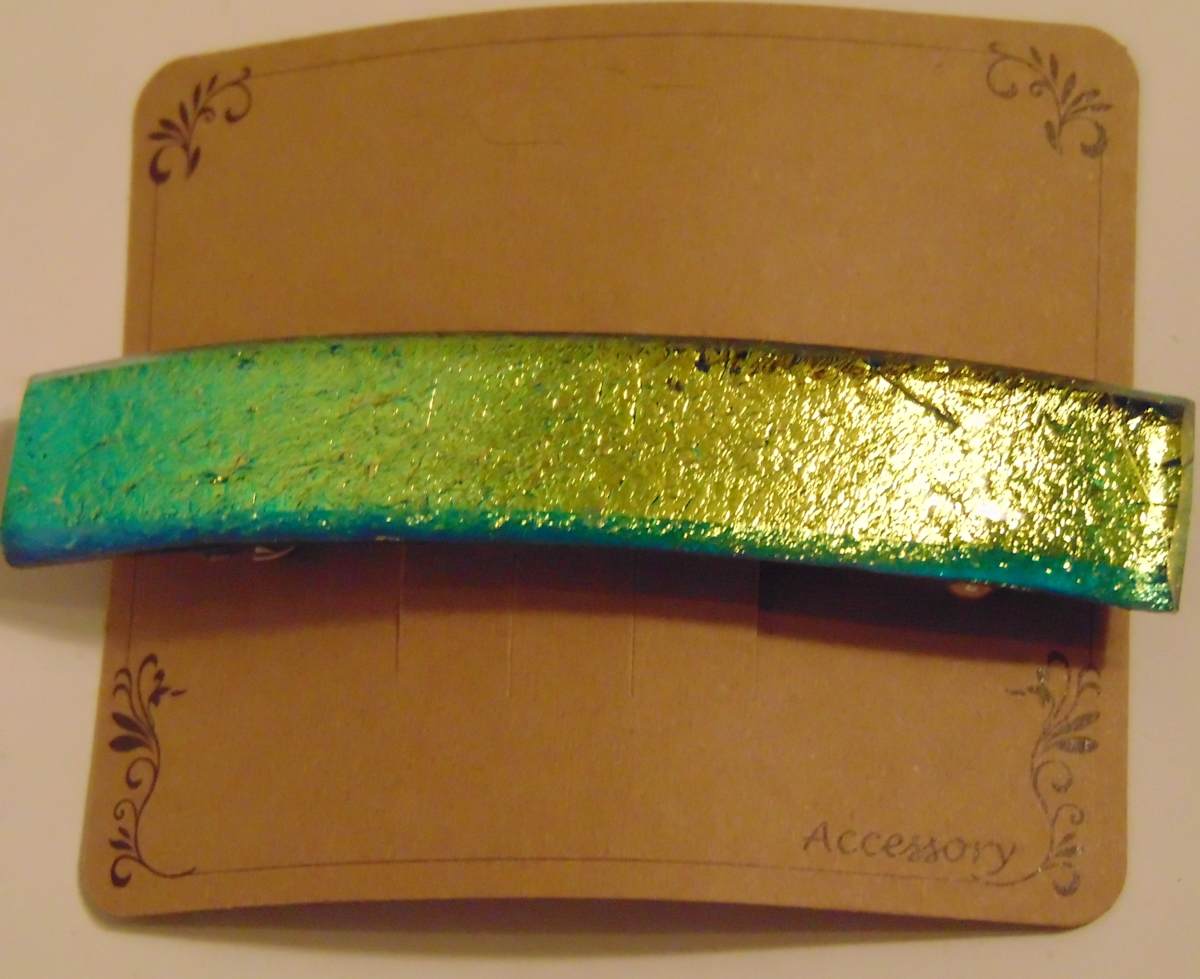 Barrette-Gold/Turquoise Dichroic, capped by Kathy Kollenburn, Image 1.