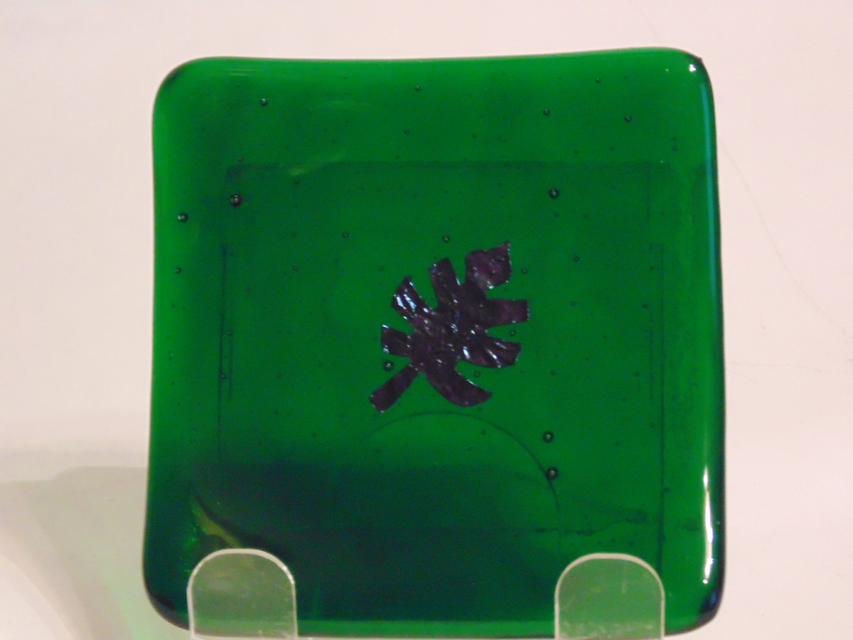 Small dish--Emerald green with copper leaf by Kathy Kollenburn 