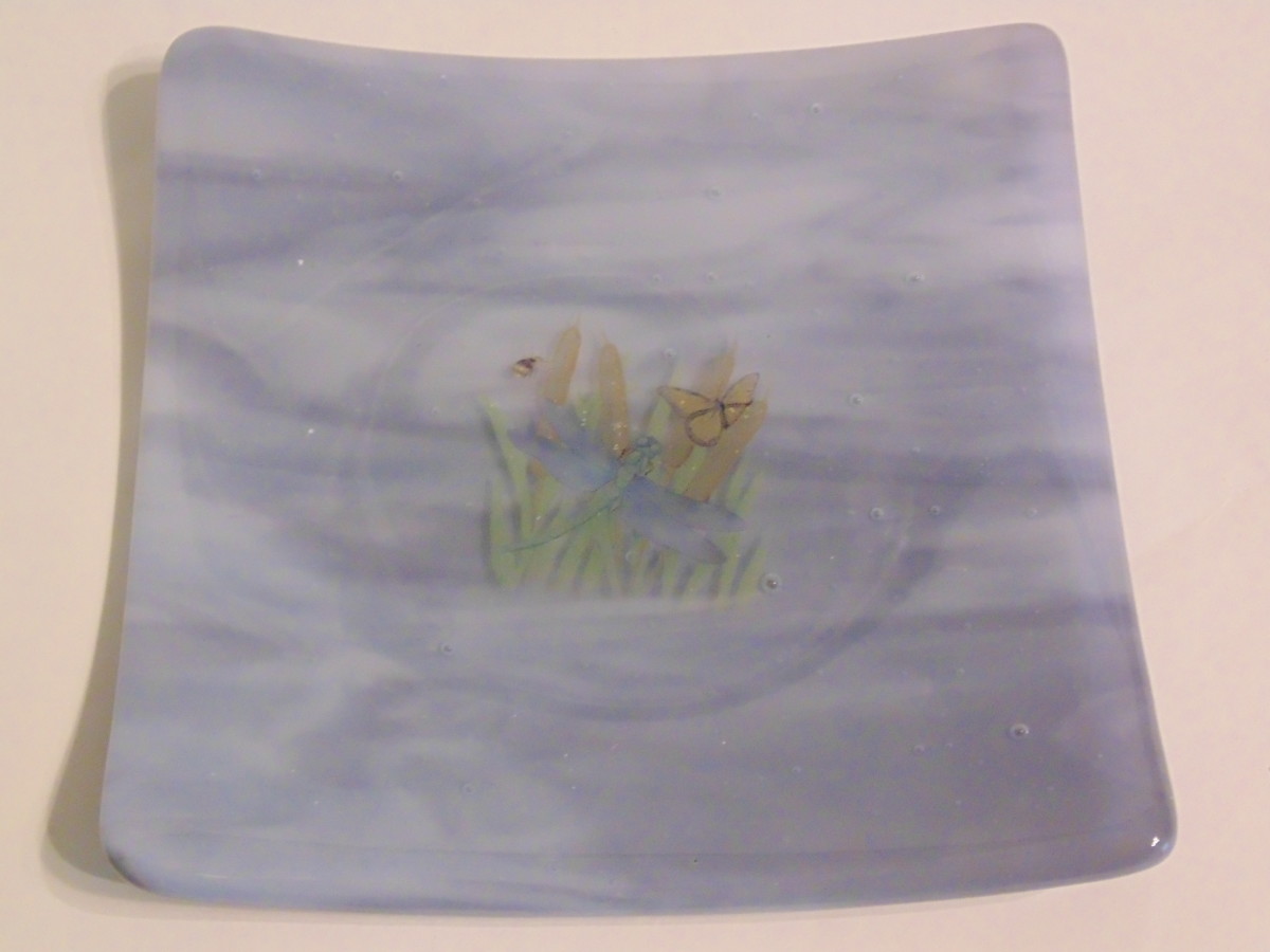 Small dish-Lavender streaky with dragonfly decal by Kathy Kollenburn 