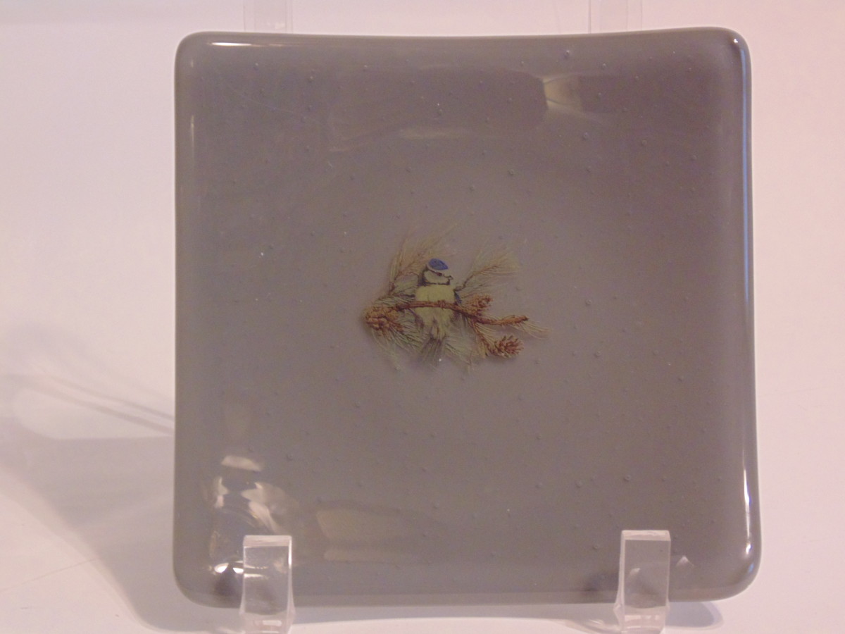 Small dish-Gray with small bird by Kathy Kollenburn 