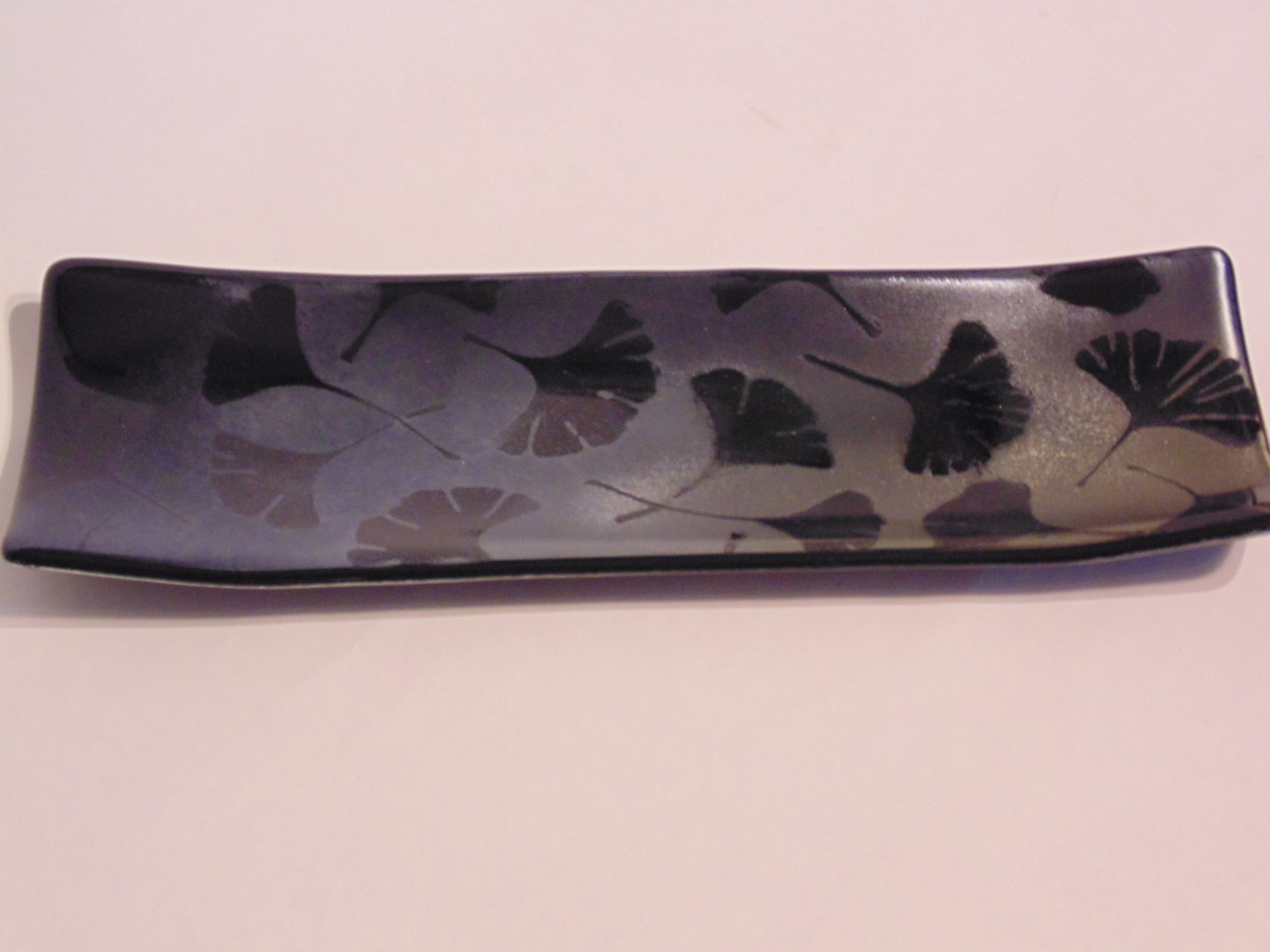 Long Dish-Silver irid with gingkos by Kathy Kollenburn 