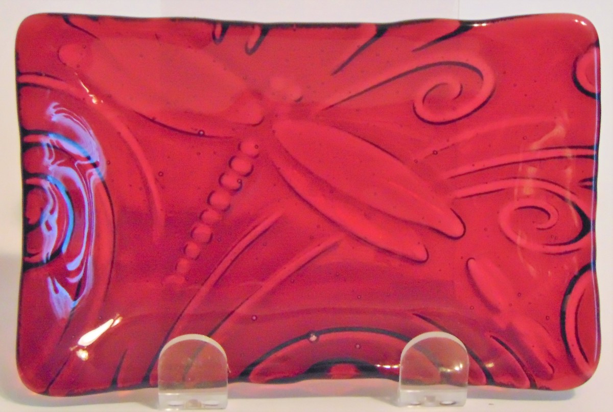 Soap Dish/Spoon Rest-Red with Dragonfly Imprint by Kathy Kollenburn 