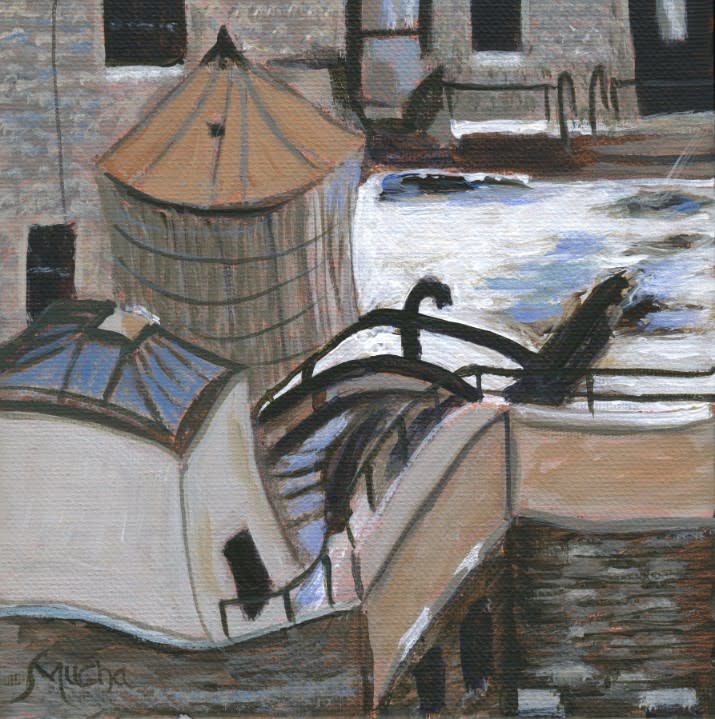What the Water Towers Know by Artist: Sandra Mucha  Image:  Above it all, the city breathes slowly.