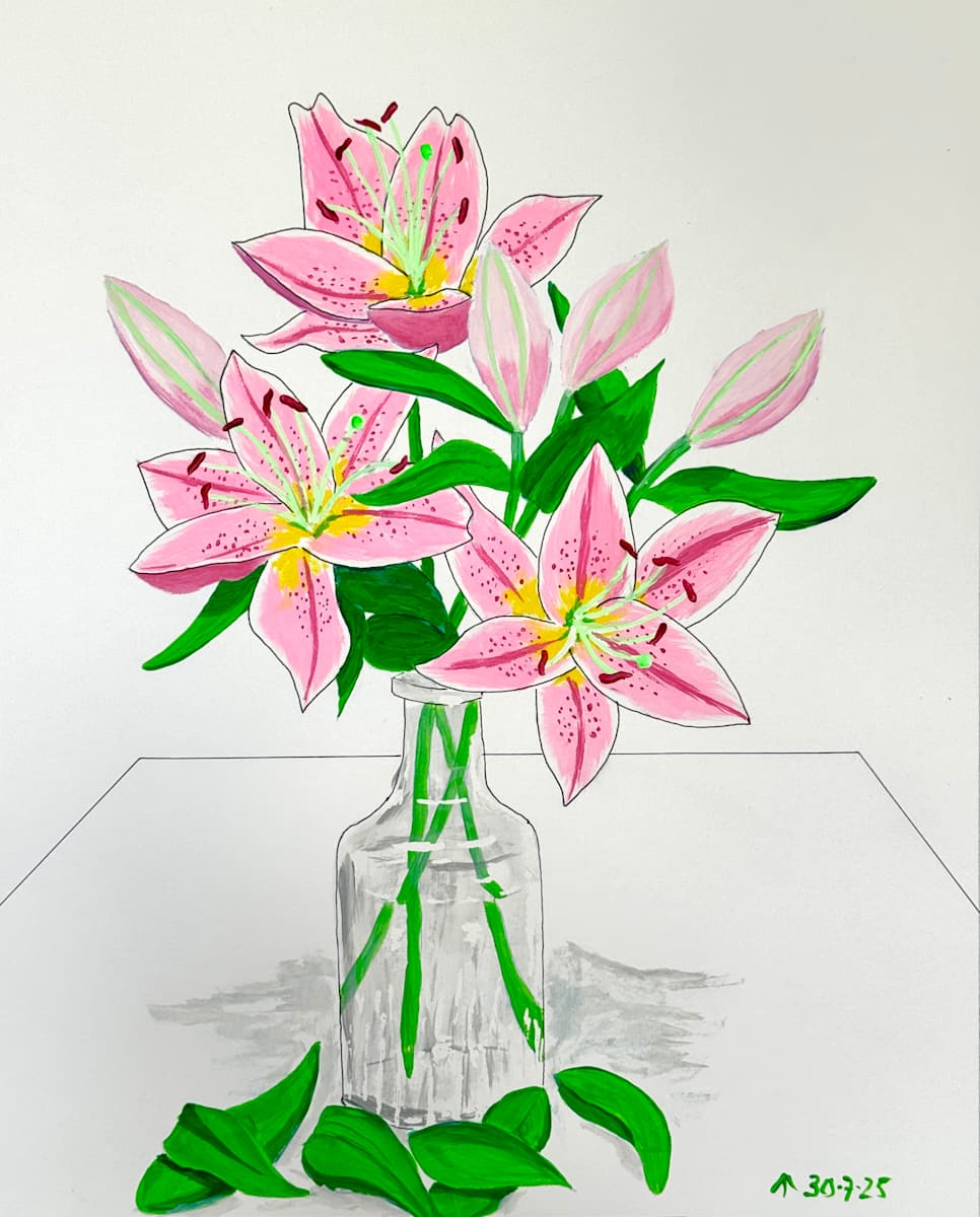 Lilies in a Small Glass Vase by Martin Briggs 