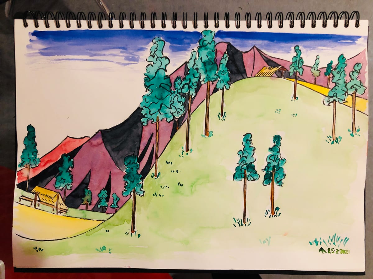 Japanese Landscape with Two Shelters 