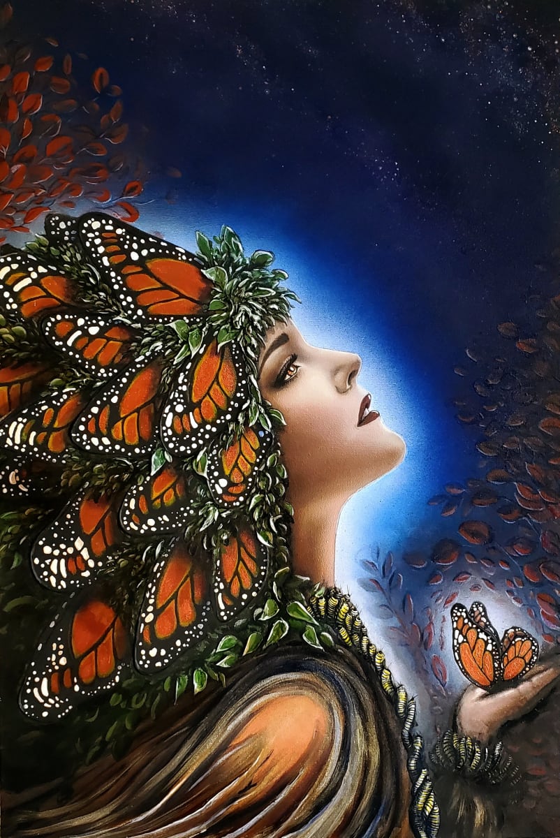 "Butterfly Prayer" by Juju Bartush  Image: Butterfly Prayer is a textured painting that gives the illusion of a 3D effect in person.  